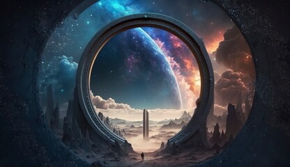 Portal to another world. Futuristic cosmic landscape with circle tunnel in starry sky.
