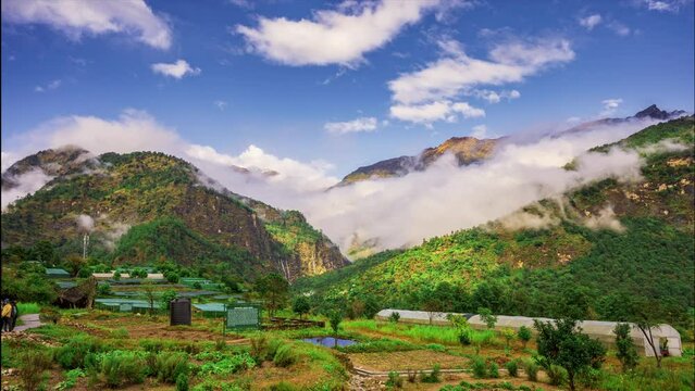 Timelapse of moving clouds, waterfalls at Mandal, Chopta, Uttarakhand, India