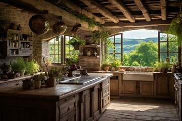 Charming vintage kitchen with rustic wood, beam, stone, and luxury decor. A beautiful rural home with exposed view of garden. Generative AI