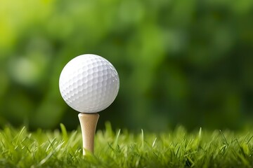White golf ball on wooden tee with grass. - obrazy, fototapety, plakaty