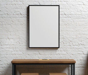 Modern Black Frame Mockup on White Brick Wall, Timeless Black Frame Mockup, Elegant Black Picture Frame for Art Display, PSD Frame Mockup. 3D Render.