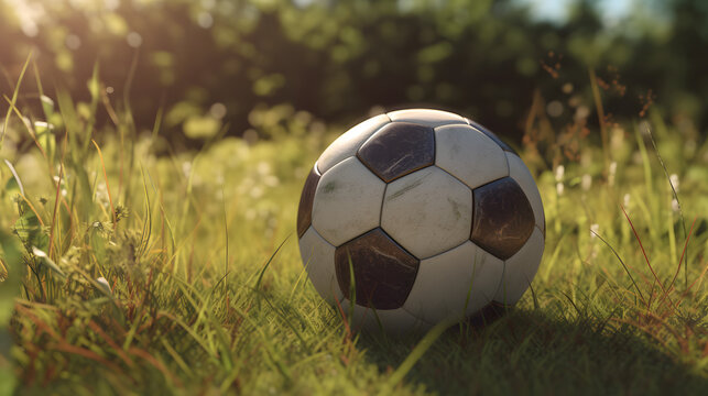 A vibrant image capturing a soccer ball resting peacefully on a sun-kissed grassy field under the clear, blue sky
