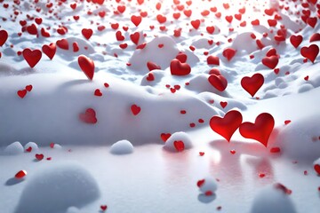 Red hearts falling on natural pure white soft snow surface. Symbol of love in winter holiday season