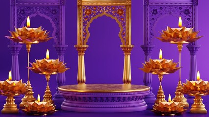 3D rendering  podium for diwali festival Diwali, Deepavali or Dipavali the festival of lights india with gold diya on podium, product, promotion sale, presentation pedestal 3d rendering on background - obrazy, fototapety, plakaty