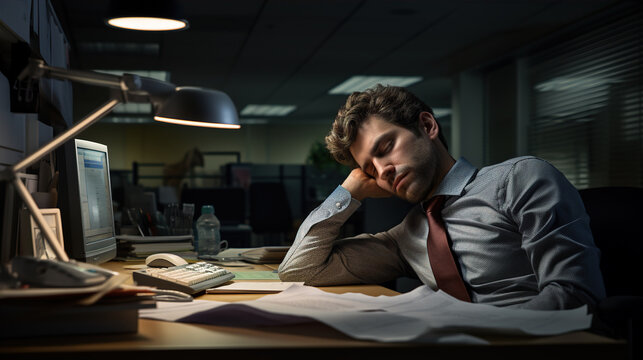 Post-Lunch Slump: An office worker feels drowsy after a heavy lunch. They struggle to stay awake while reviewing reports at their desk