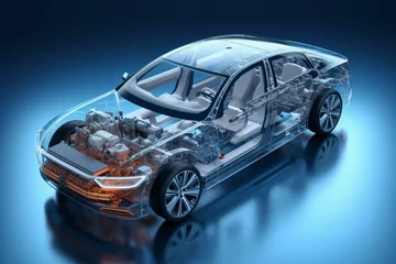 Foto op Aluminium Illustration of an electric car with its internal components and structure visible, depicted in a 3D rendering. Generative AI © Lumen