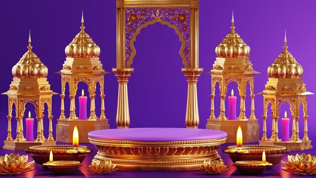 3D rendering  podium for diwali festival Diwali, Deepavali or Dipavali the festival of lights india with gold diya on podium, product, promotion sale, presentation pedestal 3d rendering on background