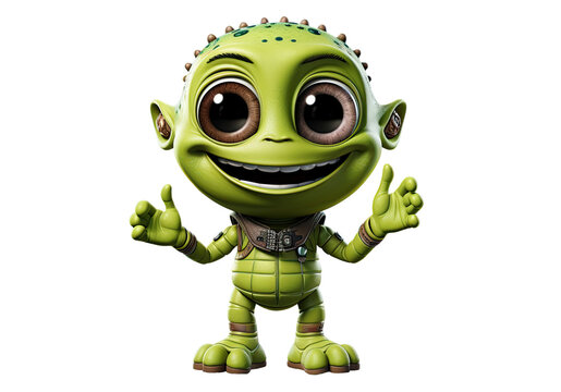 cute cartoon character green alien gestures with fingers on a white isolated background