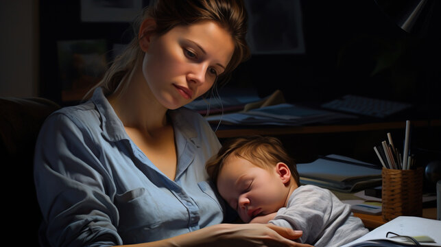 Sleep-Deprived Parent: An office worker with a newborn baby at home is sleep-deprived