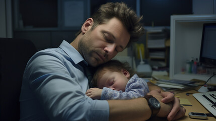 Obraz premium Sleep-Deprived Parent: An office worker with a newborn baby at home is sleep-deprived