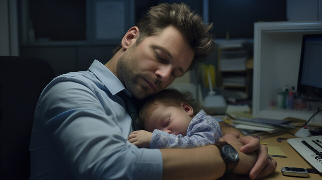 Sleep-Deprived Parent: An office worker with a newborn baby at home is sleep-deprived