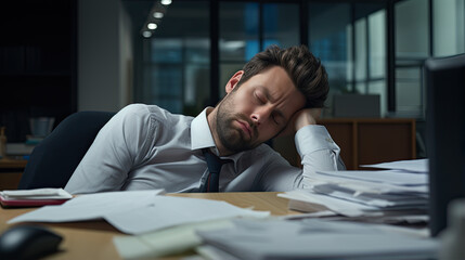 Post-Lunch Slump: An office worker feels drowsy after a heavy lunch. They struggle to stay awake while reviewing reports at their desk - obrazy, fototapety, plakaty