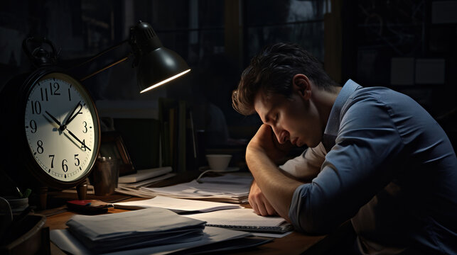 Post-Lunch Slump: An office worker feels drowsy after a heavy lunch. They struggle to stay awake while reviewing reports at their desk