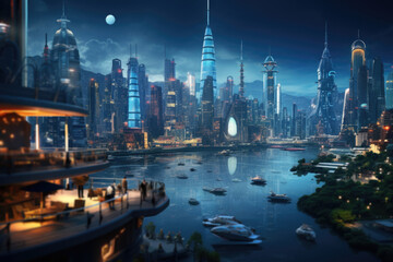 A futuristic cityscape within the metaverse, showcasing digital architecture and landscapes. Generative Ai.