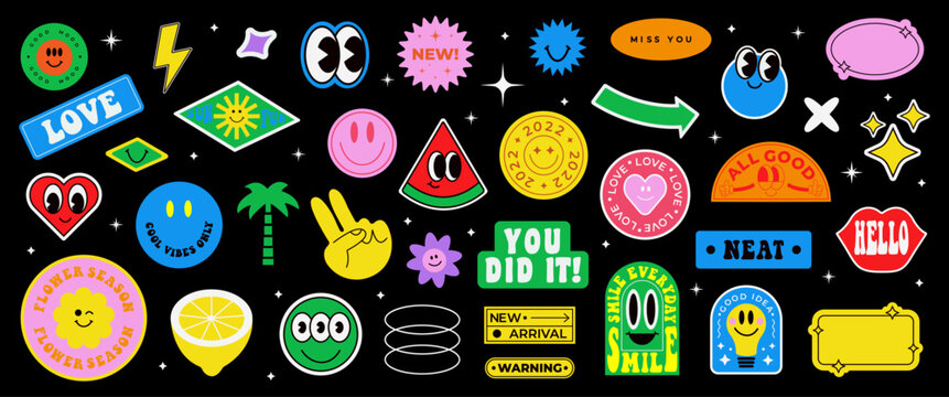 Colorful happy smiling face label shape set y2k. Collection of trendy retro sticker cartoon shapes. Funny comic character art and quote patch bundle. Modern slang word, catchphrase sign, text slogan