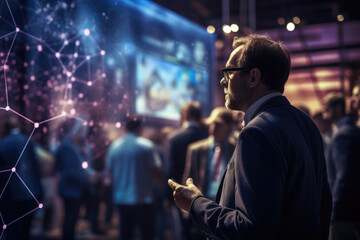 A person participating in a blockchain conference in a virtual event space. Generative Ai.
