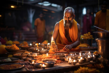 A Hindu priest performing a traditional Diwali puja ceremony at a temple. Generative Ai.