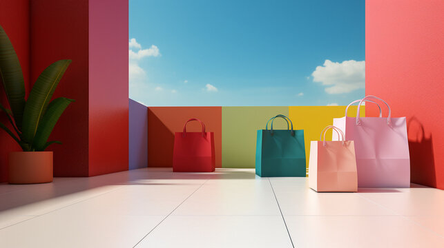 Colorful paper shopping bag on colorful wall and blue background for copy space. retail shopping concept