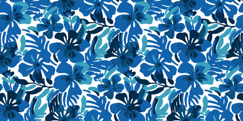 Blue color tropical summer flower seamless pattern illustration. Hand drawn hibiscus floral background print. Spring season texture wallpaper, watercolor jungle plant leaf art. © Dedraw Studio