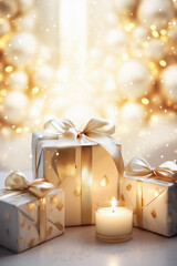 Obraz na płótnie Canvas A group of Christmas presents wrapped in white and gold paper with white ribbons and a lit candle in a warm and cozy setting. Blurred bokeh lights is on the background. Festive and Christmas mood.