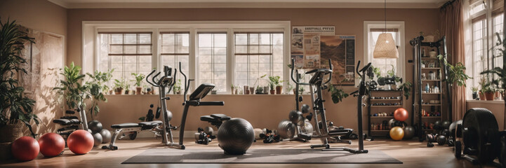 Home gym with exercise equipment. Background - obrazy, fototapety, plakaty