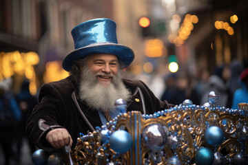A Hanukkah-themed parade featuring colorful floats and costumes. Generative Ai.
