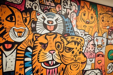 Fototapeta na wymiar Tiger-themed doodles on a wall. Generative AI