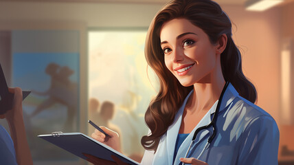 Female doctor with clipboard talking to smiling woman patient at hospital. Generative AI