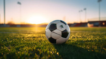 A serene image of a soccer ball resting on a lush grassy field as the sun sets in the background, casting a warm, golden glow