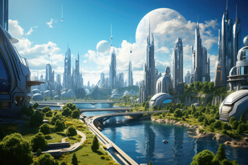 A futuristic cityscape with buildings adorned with integrated solar panels. Generative Ai.