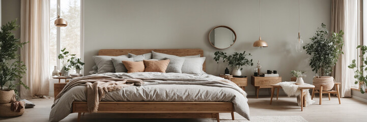Fototapeta na wymiar Nordicinspired bedroom with clean lines. Background