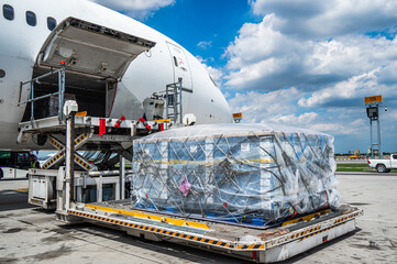 Air cargo logistic containers are loading to an airplane. © Supakit