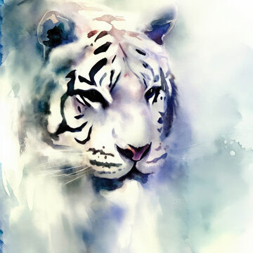 Watercolor painting of a fierce, roaring tiger created with AI.