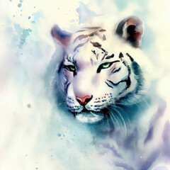 Watercolor painting of a fierce, roaring tiger created with AI.