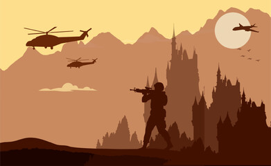 Fototapeta na wymiar Vector military illustration, army background, soldiers silhouettes.