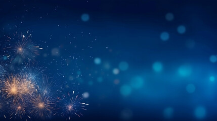Fototapeta na wymiar Golden fireworks on dark blue sky, celebration and happy new year concept abstract background illustration.