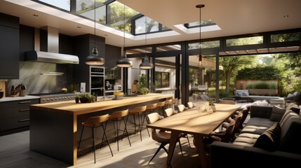 open-concept kitchen with a large kitchen island, pendant lighting, and semaless indoor, 16:9