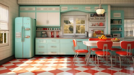 vintage retro kitchen with colorful 1950s - style appliances, checkerboard floors, and retro diner...