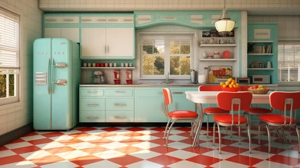 Fotobehang vintage retro kitchen with colorful 1950s - style appliances, checkerboard floors, and retro diner seating © Christian