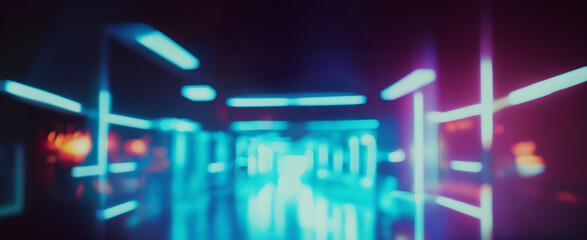 Abstract night lights of a modern futuristic street or an interior of a room or a corridor. Defocused design. Wide scale image created using Generative AI tools.
