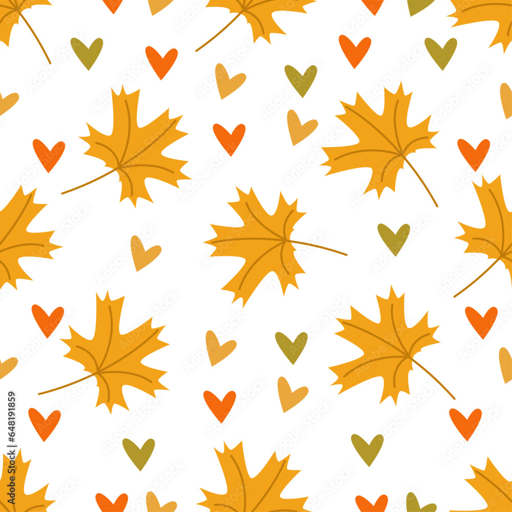 Wall mural autumn seamless pattern fall elements maple leaves and hearts vector illustration