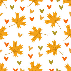 Autumn seamless pattern fall elements maple leaves and hearts vector illustration