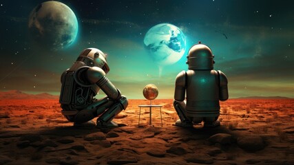 Two robots sitting on a futuristic landscape viewing the space and planets