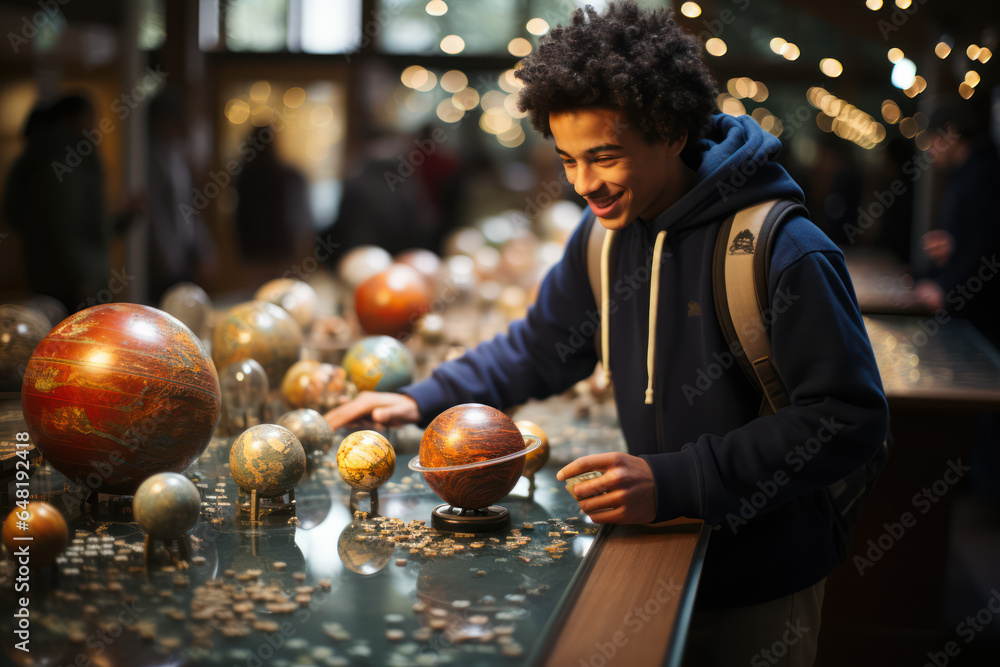 Poster a student showcasing a model of the solar system during a science fair. generative ai.