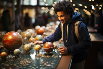 A student showcasing a model of the solar system during a science fair. Generative AI.