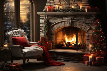 Cozy Fireplace. Living room with a crackling fireplace adorned with stockings and holiday decor, creating a warm and inviting Christmas atmosphere. Generative AI.