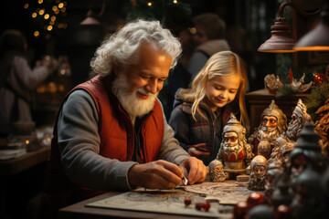 Santa's Workshop. Children at a craft table creating handmade ornaments and decorations, embracing the spirit of DIY Christmas crafts. Generative AI.