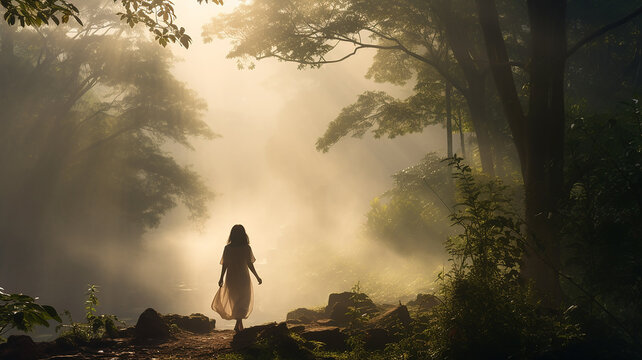 A woman walks into the forest in the morning.