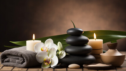 Flowers, stones, candles, bamboo for creating a relaxing spa atmosphere.