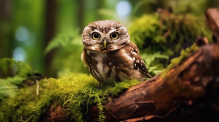 Owl in forest sit on a branch